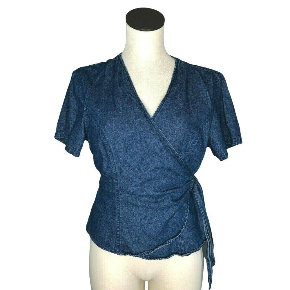 Expressions Denim Jean Wrap Shirt Juniors 14 Short Sleeves Cotton Med Wash Top